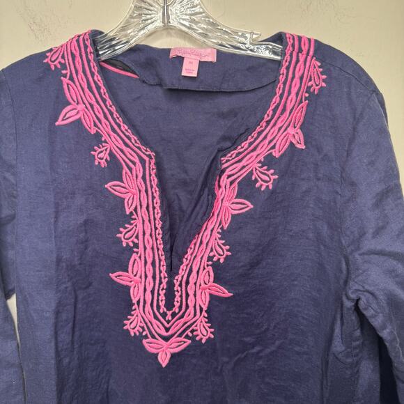Lilly Pulitzer Blue Linen Top M Pink Embroidered Boho Resort Style Summer - Picture 3 of 10